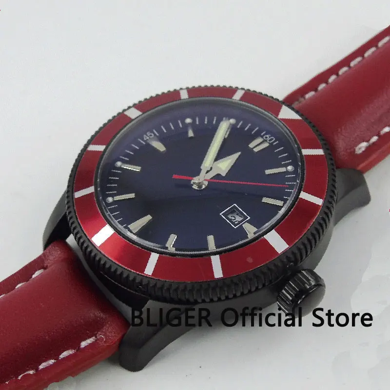 BLIGER 46MM Black Sterile Dial Red Rotating Bezel Small Second Hand Men's Watch Automatic Movement Wristwatch Luminous 128 |