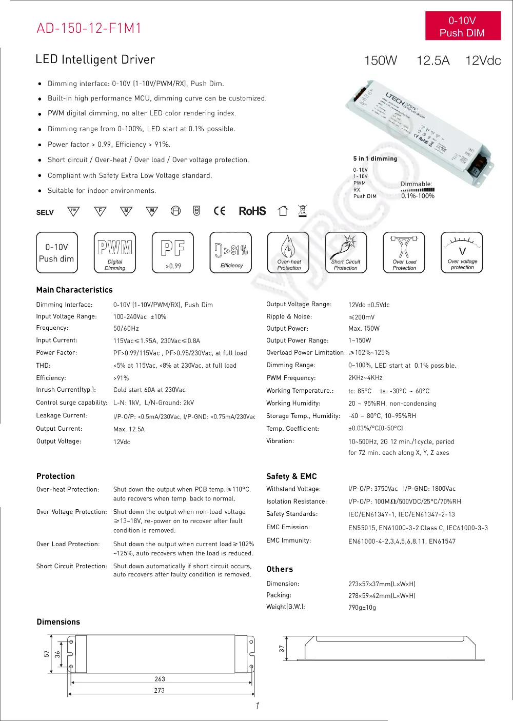 AC110 220 V постоянного тока до DC12V 24 V 36 W 50 W 75 W 150 W симисторное затемнение драйвер питания, 0-10 V/1-10 V Драйвер для Светодиодные полосы света