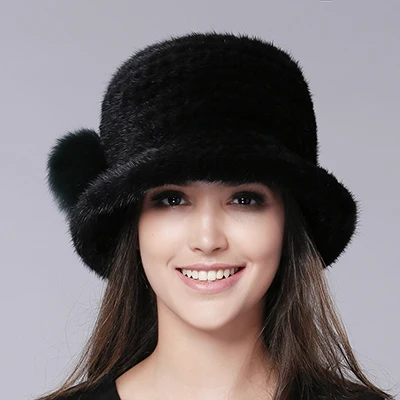 Dark green pom Меховая зимняя шапка из натурального меха для женщин, меховая фетровая шляпа из меха норки, Роскошные зимние меховые шапки для женщин, теплая черная шапка - Цвет: Dark green pom