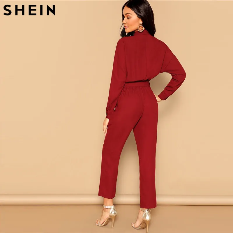 SHEIN Комбинезон С Поясом И Заниженной Линией Плеч Элегантный Комбинезон С Длинными Рукавами И Поясом
