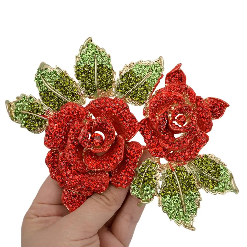 

Rose Flower Brooch Women Red Gold Color Crystal Large Enamel Pin Broche Femme Kpop Fashion Sweather Party Jewelry Gift