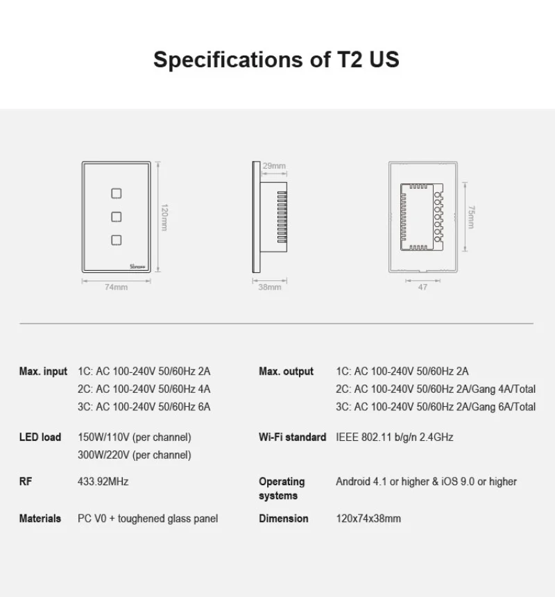 SONOFF T2US EU/UK TX Smart Wifi Touch Wall Light Switch With Border Smart Home 1~3 Gang 433 RF/Voice/APP Control Work With Alexa