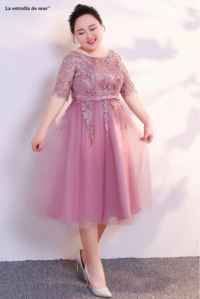 Большие размеры vestidos de madrinha, новинка, из кружева, с вырезом на шее, с коротким рукавом, трапециевидной формы, бирюзового, синего, румяна, розового цвета, свадебное платье для гостей, длина чая
