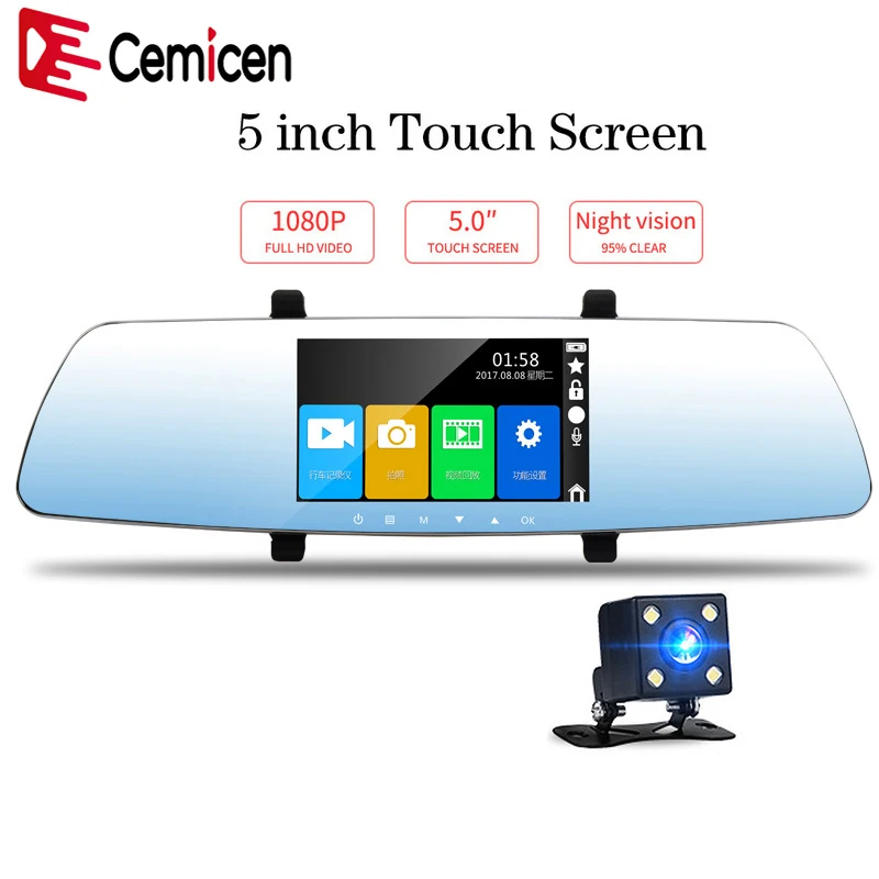 Cemicen Full HD 1080P 5 дюймовый видеорегистратор зеркало заднего вида с сенсорным экраном