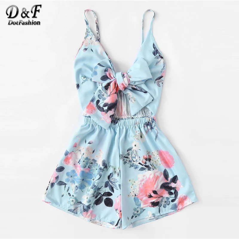 Dotfashion/женский комбинезон на бретельках с цветочным принтом и завязками спереди; коллекция года; Летний комбинезон без рукавов с широкими штанинами и высокой талией в стиле бохо