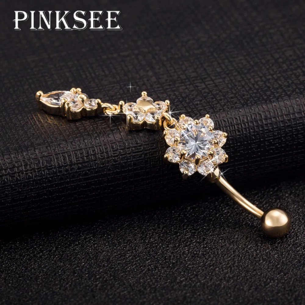 Женское кольцо для пупка PINKSEE из нержавеющей стали с кристаллами золотым и