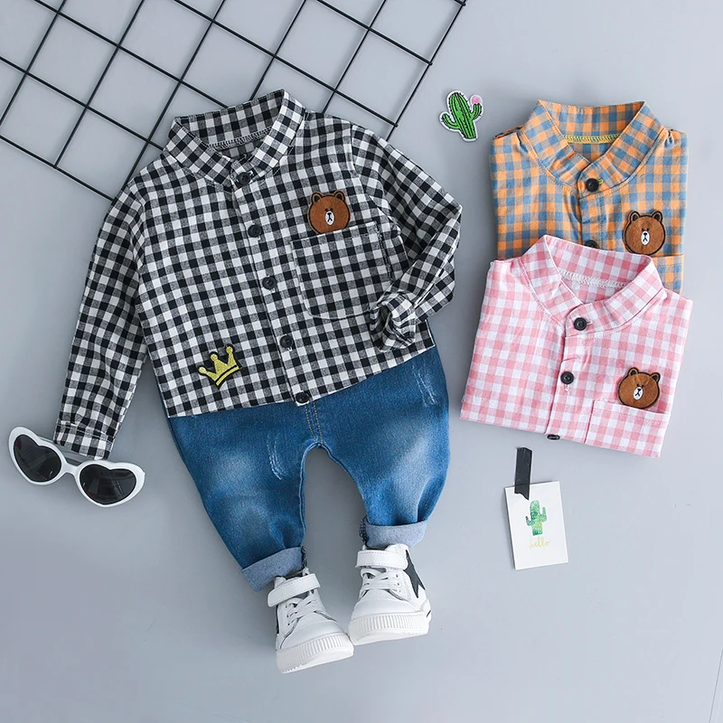 MANJI Baby boys clothing sets 0-3y Autumn 2018 New Fashion Cotton Turn-down Collar Plaid 18053 Kids clothes Boys Clothing Suit |