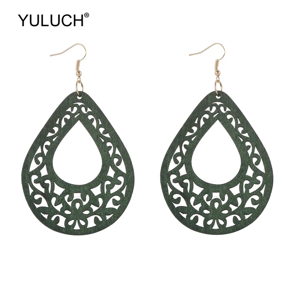 YULUCH 2019 модные 4 цвета деревянные полые цветочные висячие серьги этнические