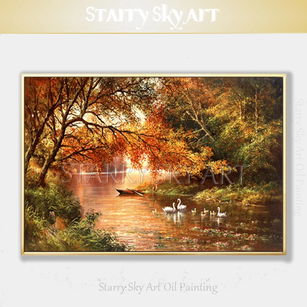

Professional Artist Hand-painted High Quality Lake Landscape Oil Painting Beautiful Swan in Lake Oil Painting for Wall Art Decor