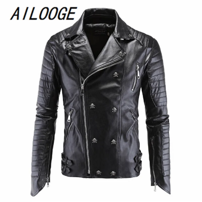 Куртка мужская стеганая из ПУ кожи на молнии с черепом | Мужская одежда