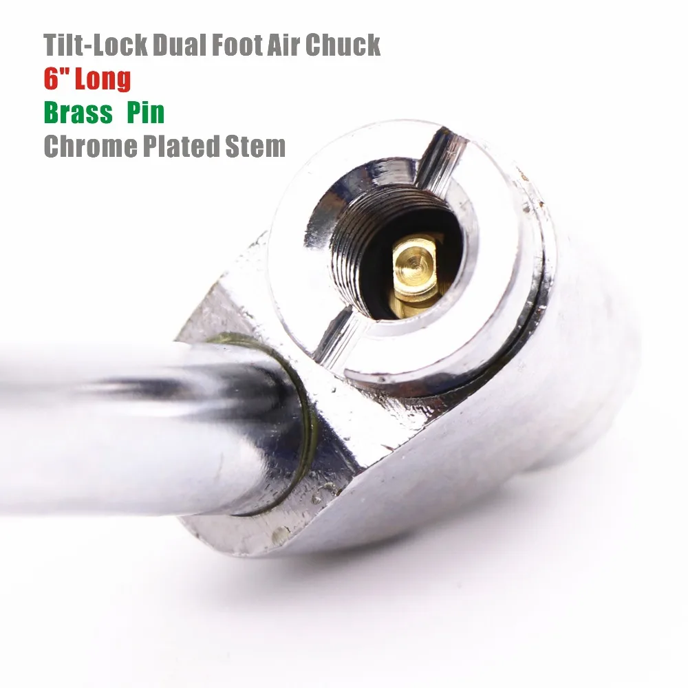 6&quot Long Dual Foot Air Chuck Tilt-Lock Angle Head 1/4&quotNPT Thread Chrome Plated Tire Inflating Brass Pin Tire/Tyre Repair Tool |