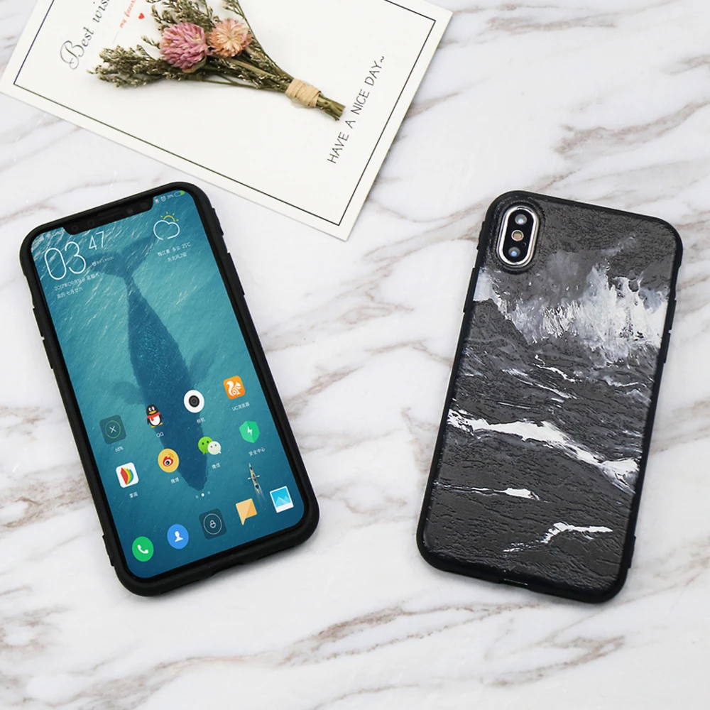 Fashion 3D Emboss Sea Waves Soft TPU Case For iPhone X Black White Relief Snow Mountain Painting Back Cover Anti-knock |