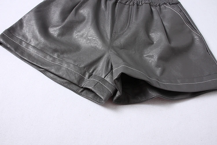 ALPHALMODA осенние женские шорты из искусственной кожи сплошной цвет изгибающий манжета, карман эластичный пояс шорты M-L