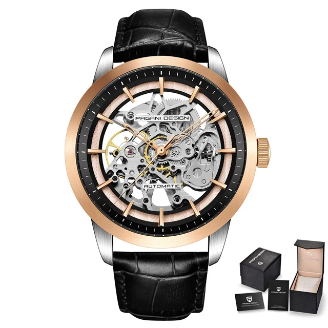 silver gold PAGANI, дизайнерские, Топ бренд, Роскошные, кожа, золотые часы, мужские, автоматические, механические, скелет, водонепроницаемые часы, Relogio Masculino - Цвет: silver gold