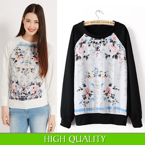 Summer Spring 2015 New Fashion Women's Sweatshirt Casual Long Sleeve Floral Printed Patchwork Pullovers Loose Blouses in Stock | Женская