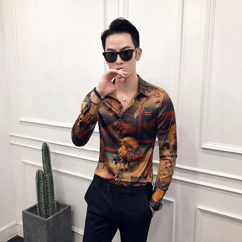 Рубашка мужская с длинным рукавом гавайская сорочка цветочным принтом