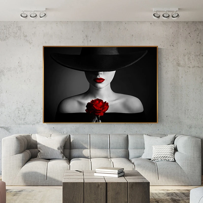 

Sexy Red Lips Bleeding Rose Canvas Painting Black Posters Prints Beauty Bare Shoulder Woman Wall Art Living Room Tableau Salon