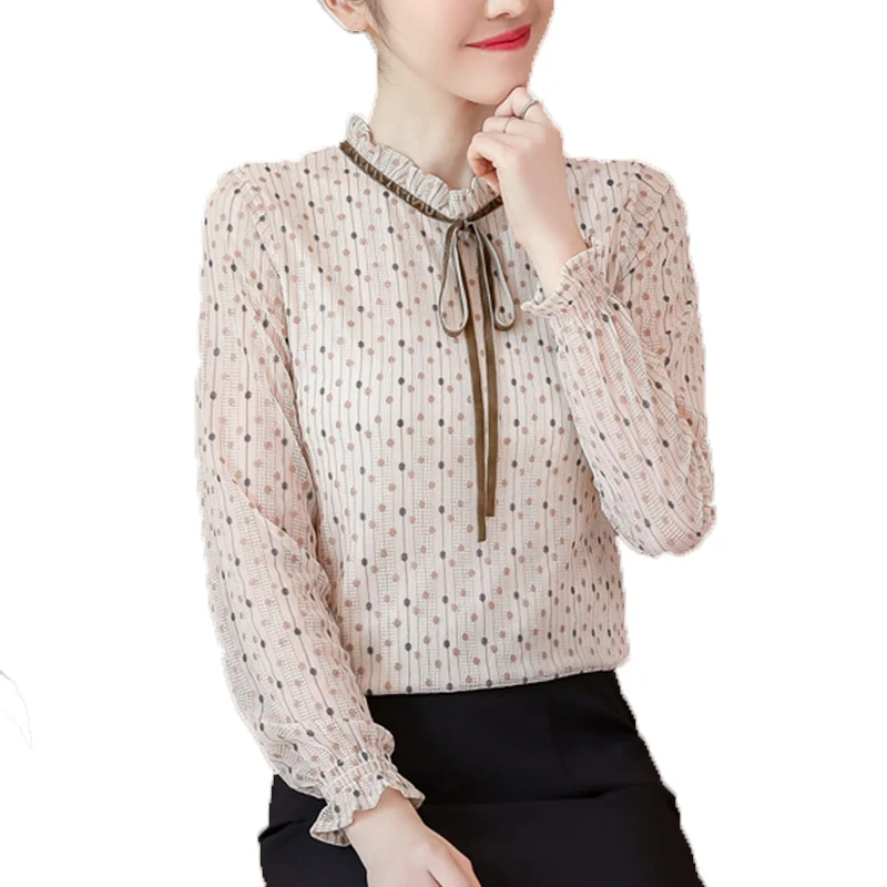 2019 летние модные женские блузы в горошек с рюшами и бантом длинным рукавом
