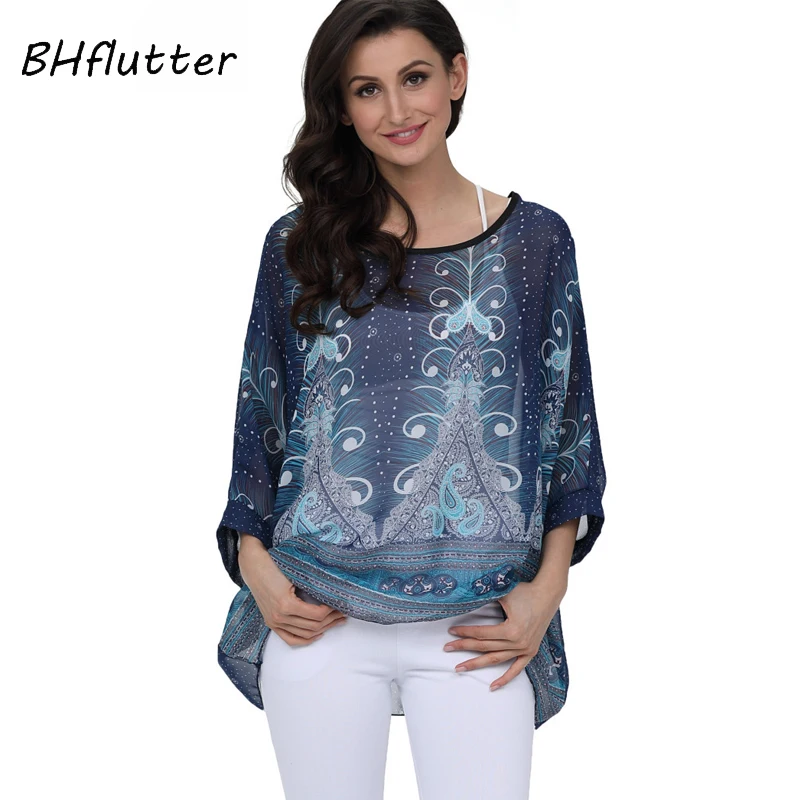 

BHflutter 2018 Women Blouse Shirt Plus Size 4XL 5XL 6XL Batwing Sleeve Chiffon Tops Floral Print Casual Summer Blouses Blusas
