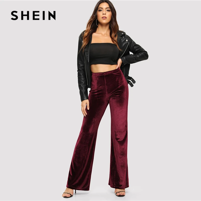SHEIN Расклешенные Однотонные Бархатные Брюки Офисные Классические Брюки С Завышенной Талией Для Женщин