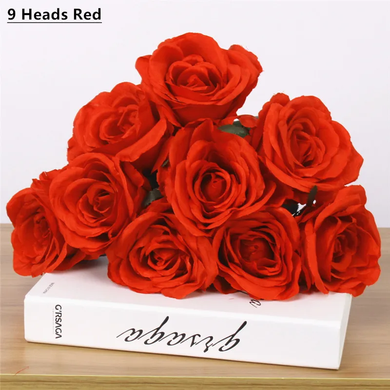 9 heads red Дешевые 7/9/10 глав один пучок искусственный букет роз Шелковый декоративный цветок Свадебная вечеринка Рождественский Декор цветок материалы искусственные цветы тычинки цветов декор дома - Цвет: 9 heads red