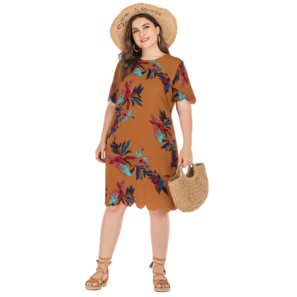 Летнее платье с принтом Женская мода плюс размер оборки печать по колено