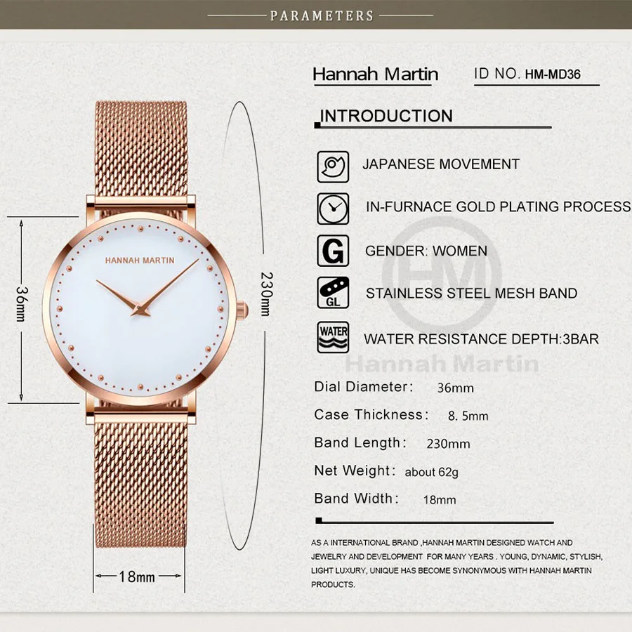 Женские часы Hannah Martin, Роскошные Кварцевые наручные часы, розовое золото, relojes mujer, reloj dama, модные повседневные аналоговые часы для женщин