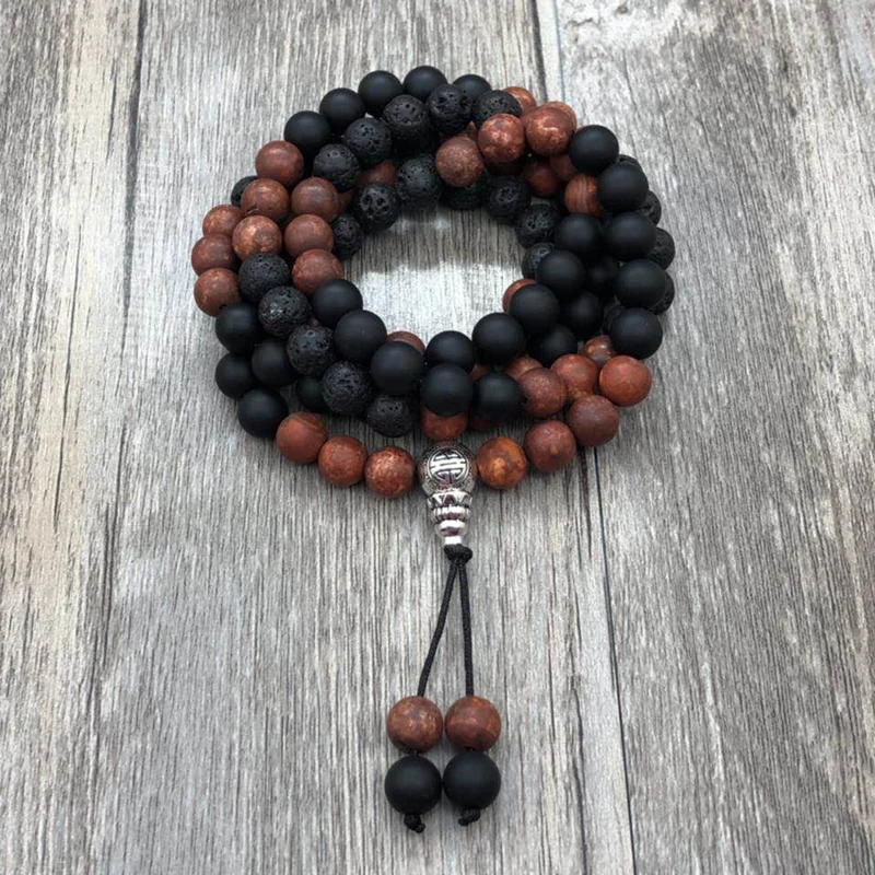 Черные матовые скрабы бисер камень из натуральной лавы браслет 108 одежда для йоги