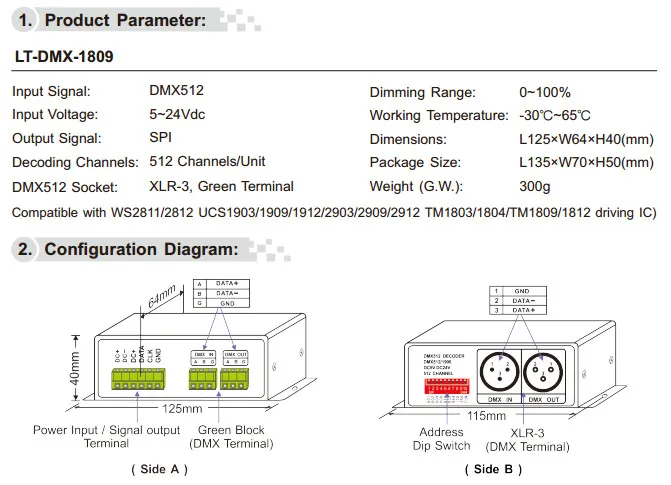 LT-DMX-1809 DMX-SPI декодер сигналов; DC5-24V Вход поддержка WS2811/WS2812, UCS1903/1912, TM1803, TM1804, TM1809 TM1812 управляющий IC