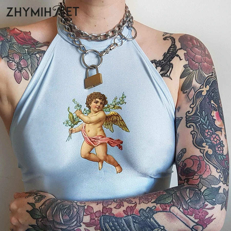 ZHYMIHRET Kwaii Angel принтованные укороченные топы на бретельках Женские розовые майки с