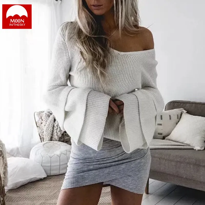 MOON IN THE SKY The New Bell Sleeve Warm Sweater Woman Autumn And Winter Knitting Shirt Solid Color MY-005 | Женская одежда