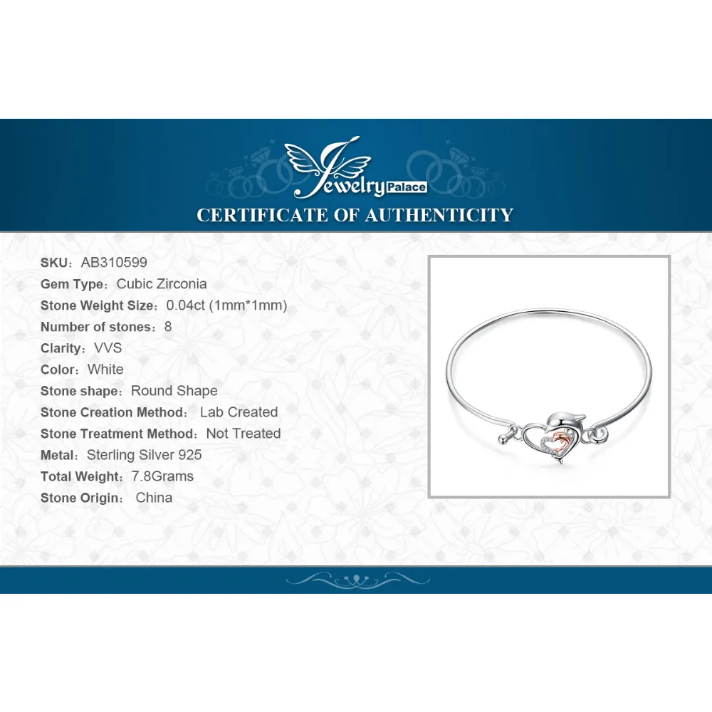 JewelryPalace Дельфин Любовь Сердце Открытый браслет 925 пробы Серебряный подарок