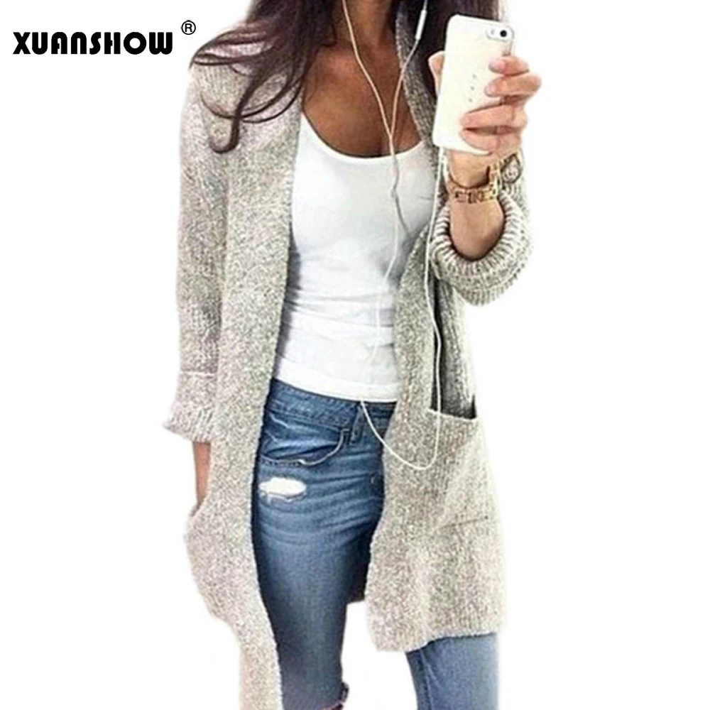 XUANSHOW Sueter Mujer Invierno осенний Однотонный женский длинный кардиган, хлопковый Свободный вязаный свитер с открытой строчкой размера плюс 5XL