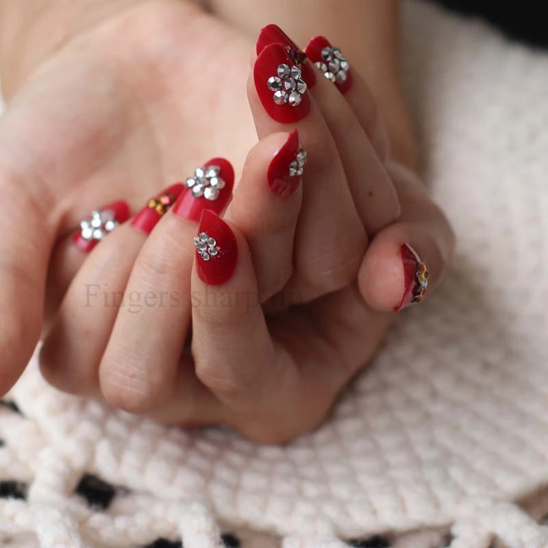 The latest popular full diamond crystal round head candy color handmade fake nails Rich red W15 | Красота и здоровье