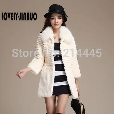 Шуба из натурального кроличьего меха с воротником лисьего Женская длинная