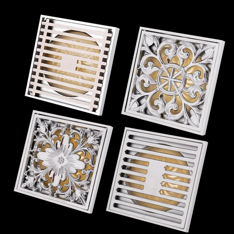 

10*10cm Vintage Artistic Brass Chrome Bathroom Square Shower Floor Drain Trap Waste Grate With Hair Strainer Anti Smelly drains