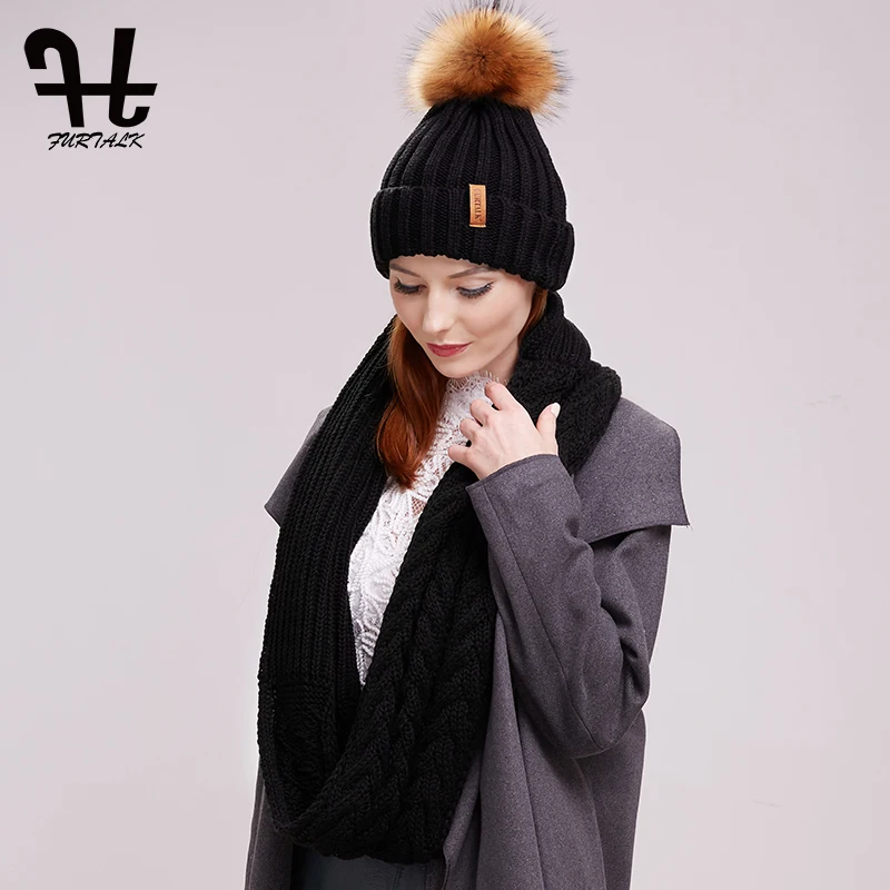 Furtalk женская вязаная зимняя шапка и шарф комплект Pom Beanie шапки Вязание Бесконечность Шарфы для женщин теплые Средства ухода за кожей шеи Круг шарф комплект