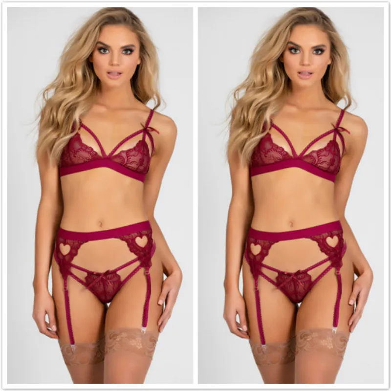 Wine Red Женское модное кружевное Сексуальное эротическое белье, 3 шт., нижнее белье, прозрачные бандажные наборы, новинка, высокое качество, хит - Цвет: Wine Red