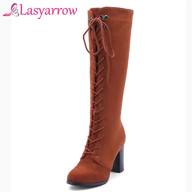 

Lasyarrow 2018 new arrive Knee high Women Boots Black Gray Brown Chunky High Heel Motorcycle Boots Autumn Winter Shoes Woman