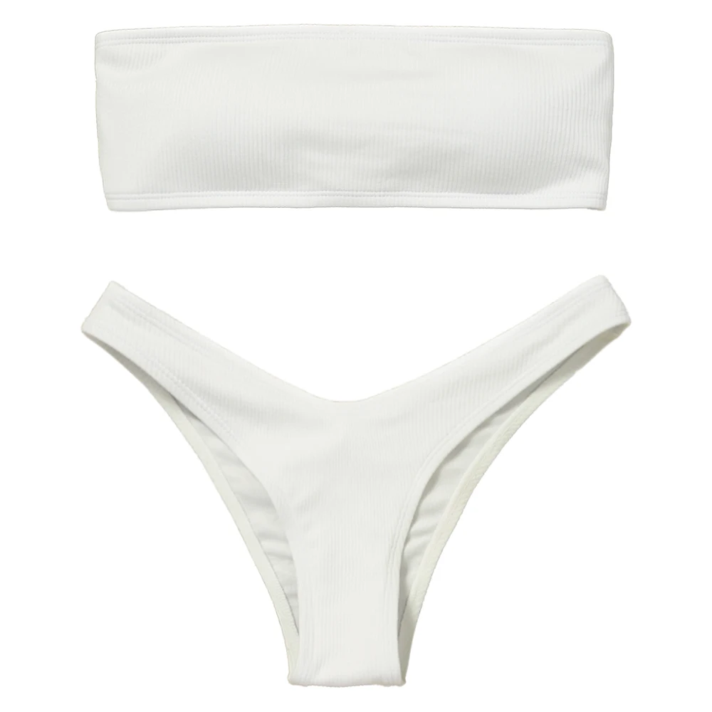 White LANGSTAR Bandeau Bikini Ribbed Swimwear Women High Cut Swimsuit Sexy Strapless Lace up Padded Swimwear Thong Biquni Bathing Suit - Цвет: White