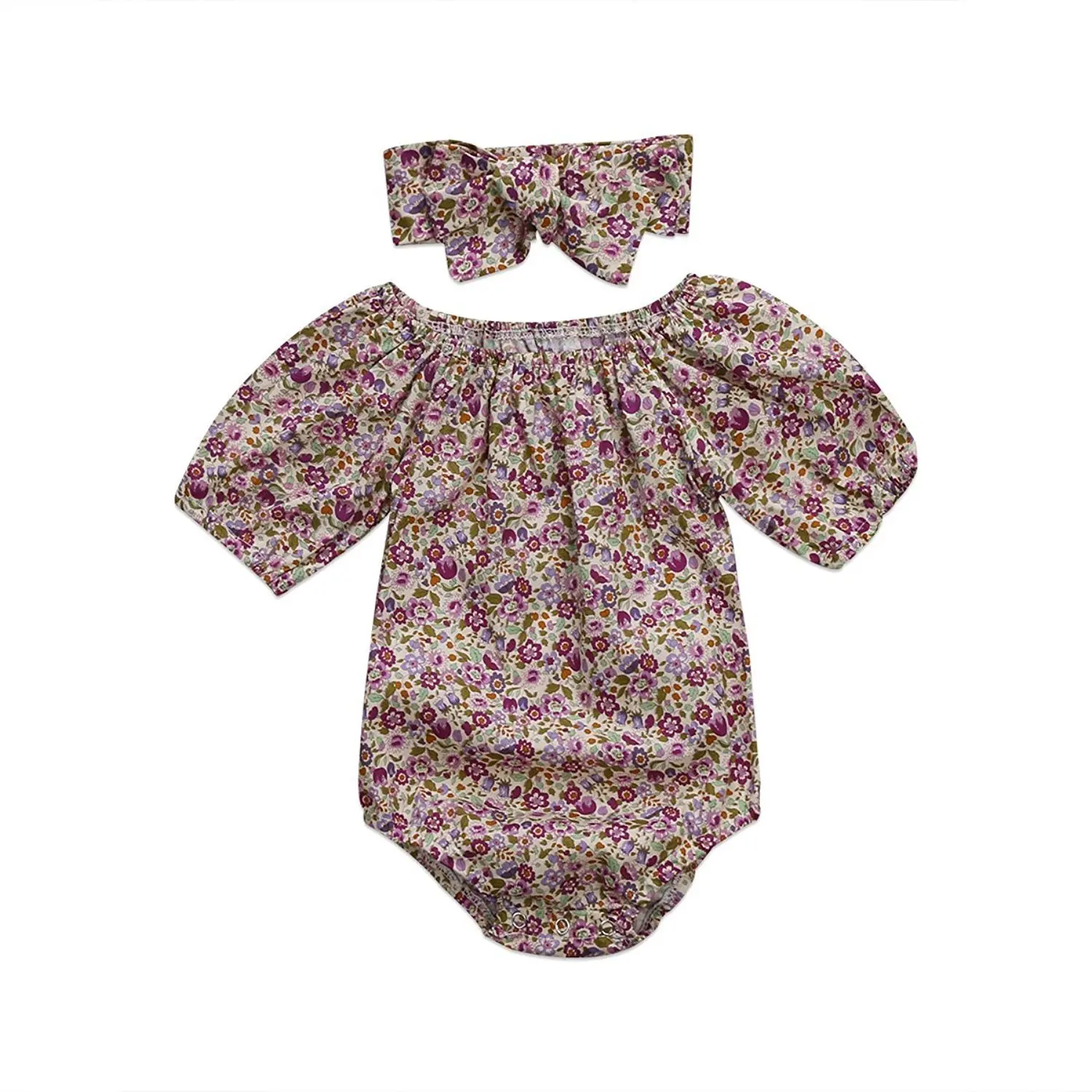 HI&ampJUBER Baby Girls Floral Print Romper +Headband Jumpsuit Play Suit Short Sleeve Outfits Clothes | Детская одежда и обувь