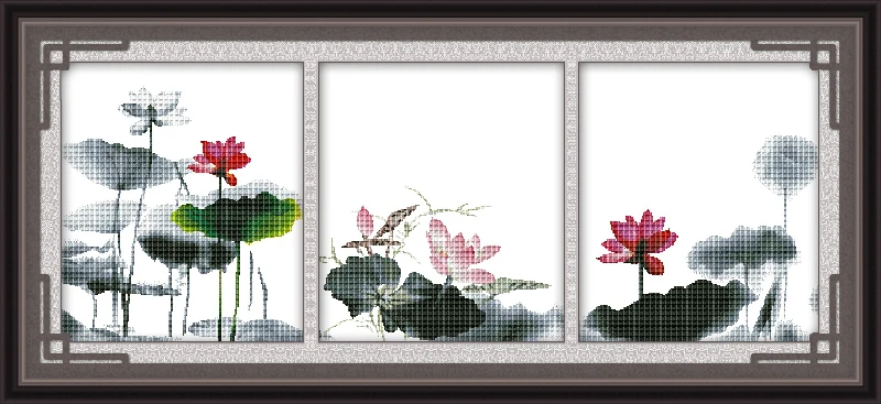 

(Triptych) Lotus cross stitch kit flower 18ct 14ct 11ct count printed canvas stitching embroidery DIY handmade needlework