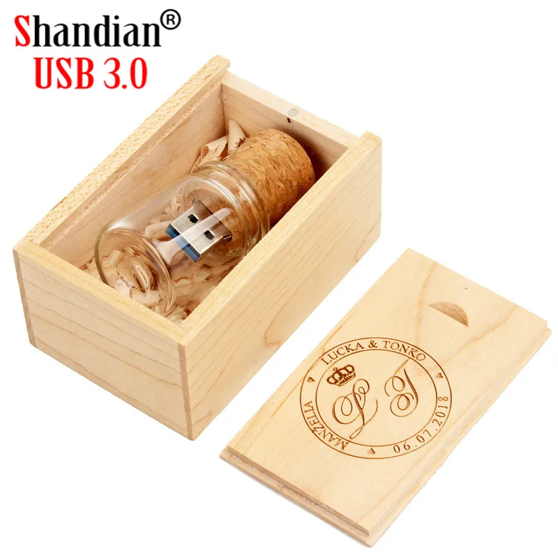 SHANDIAN USB 3,0,, стеклянная бутылка+ деревянная коробка, внешний накопитель, 4 ГБ, 8 ГБ, 16 ГБ, 32 ГБ, 64 ГБ(более 10 шт., бесплатный логотип