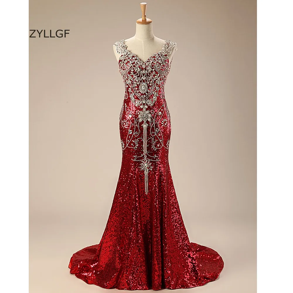 ZYLLGF Luxurious Dresses For Wedding Crystal Beaded Bridesmaid Gown In Wine Color Mermaid V Neck Sequins Long Formal Q231 | Свадьбы и