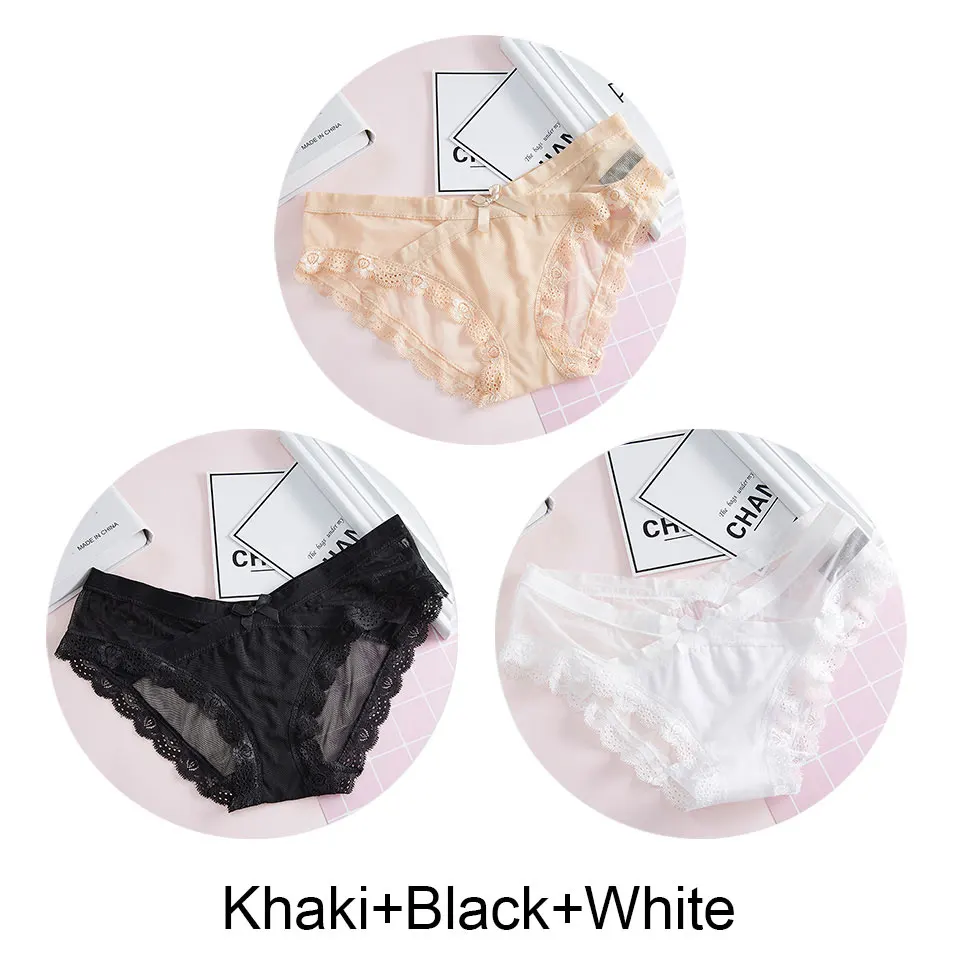 Khaki-Black-White 3 шт., сексуальные кружевные трусики для женщин, нижнее белье, низкая посадка, дышащие Бесшовные трусики, трусы, Прозрачное нижнее белье с бантиком для девушек, новинка - Цвет: Khaki-Black-White