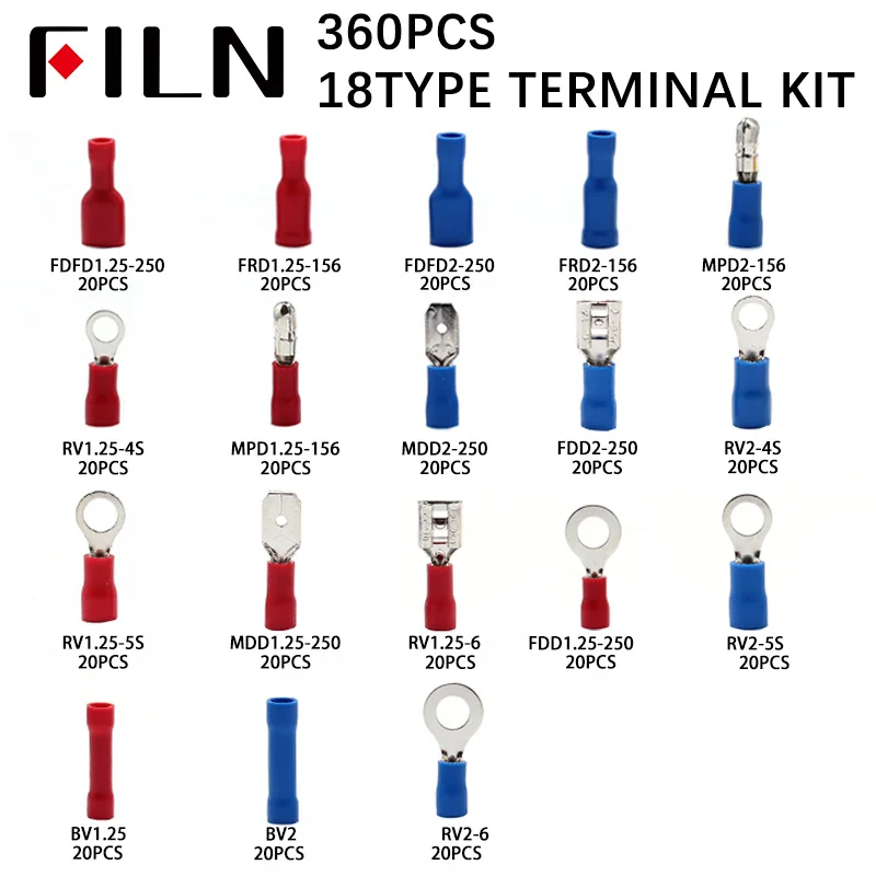 360pcs 18types Electrical Crimp Terminals Insulated Butt Connectors Spade Ring Fork Copper Terminators Set With Storage Box Red |