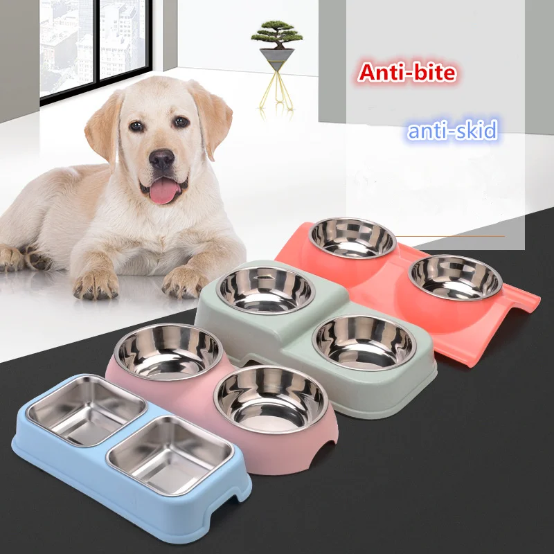 

Plastic Stainless Steel Dual Combo Pet Bowl Dog Cat Water Food Separated Health Bowl Feeder Anti-bite&Anti-skid Puppy Food Bowl