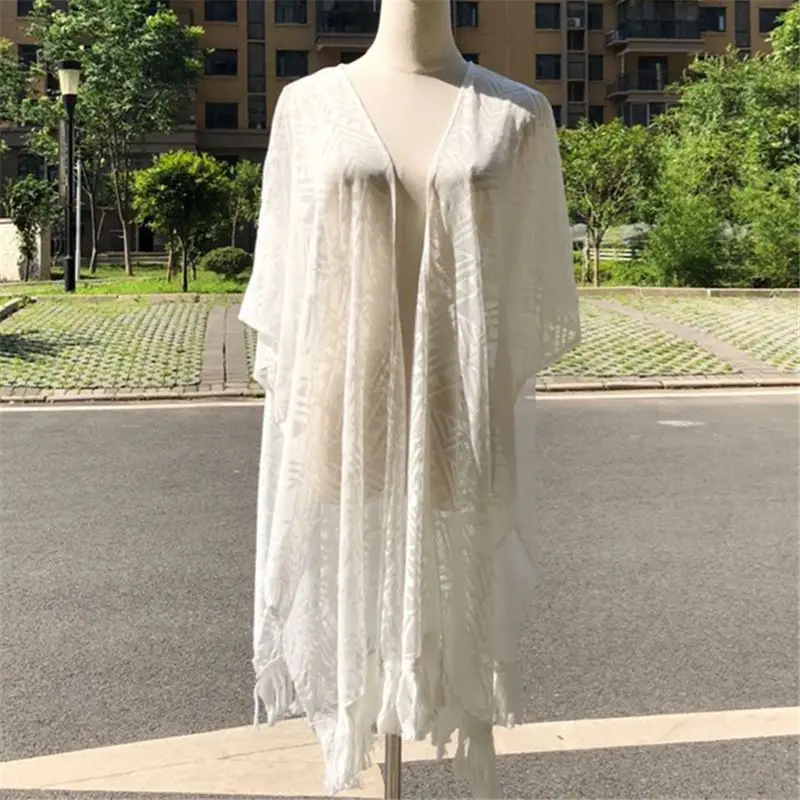 Boho вышивки кружева кисточкой кимоно прозрачный половина рукав Передняя Открыть