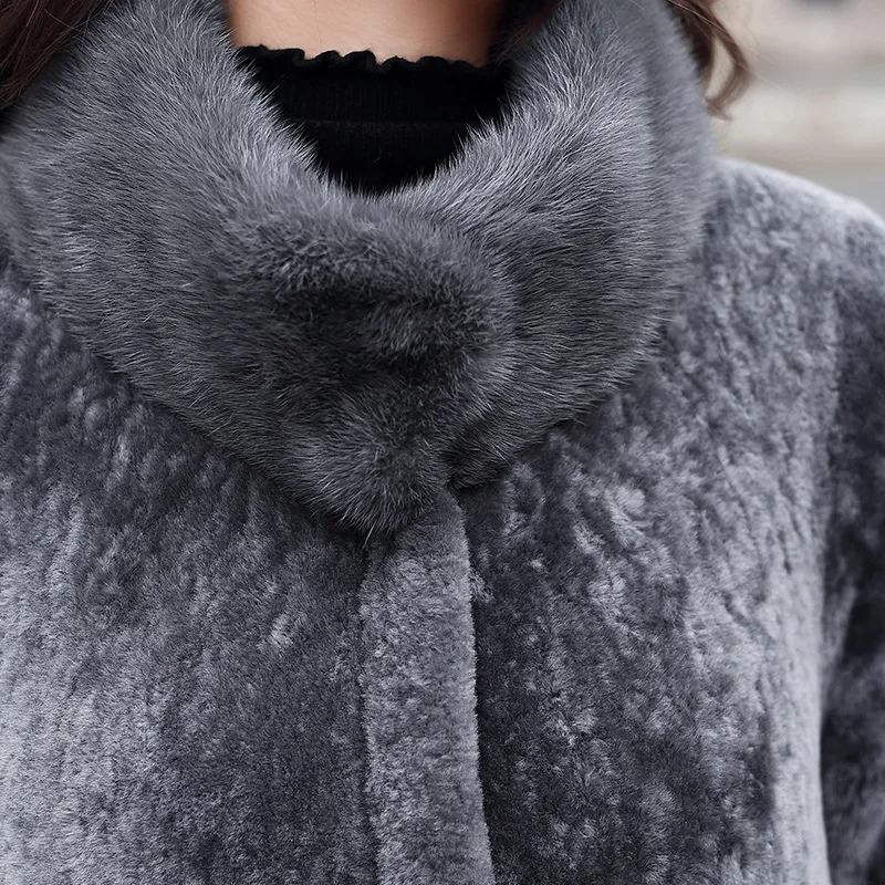 2018 New Women's Winter Real Fur Coat One Long Section Two Sides Wearing Sheep Shearing Mink Collar Warm Jacket LE466 | Женская