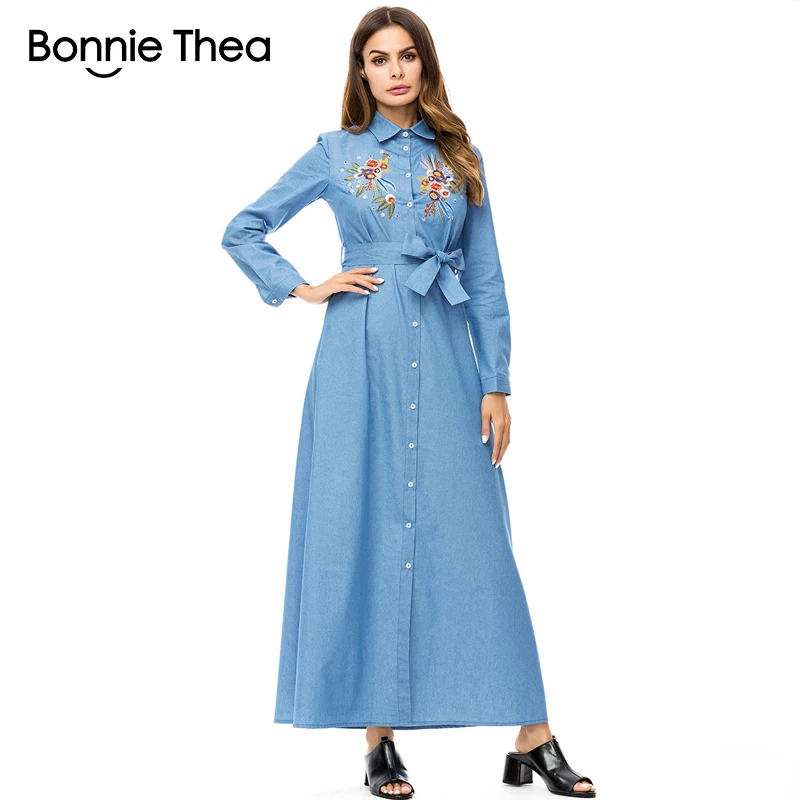 Бонни Thea 2018 женские Осень Denim Вышивка длинное платье женский Кнопка полный рукав